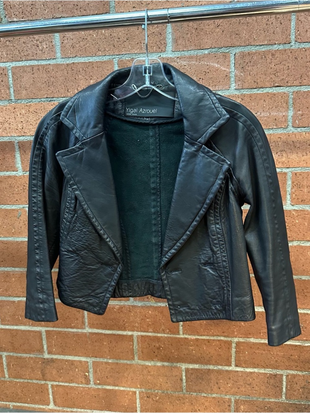 Yigal Azrouel Black Cropped Leather Jacket with Wide Lapels
